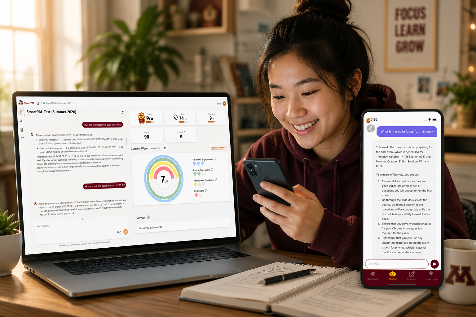 Student using SmartPAL on a laptop and phone with dashboard and chatbot visible