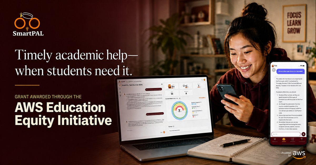 A student uses SmartPAL on a phone beside a laptop showing the course dashboard, with text about timely academic help and the AWS Education Equity Initiative.