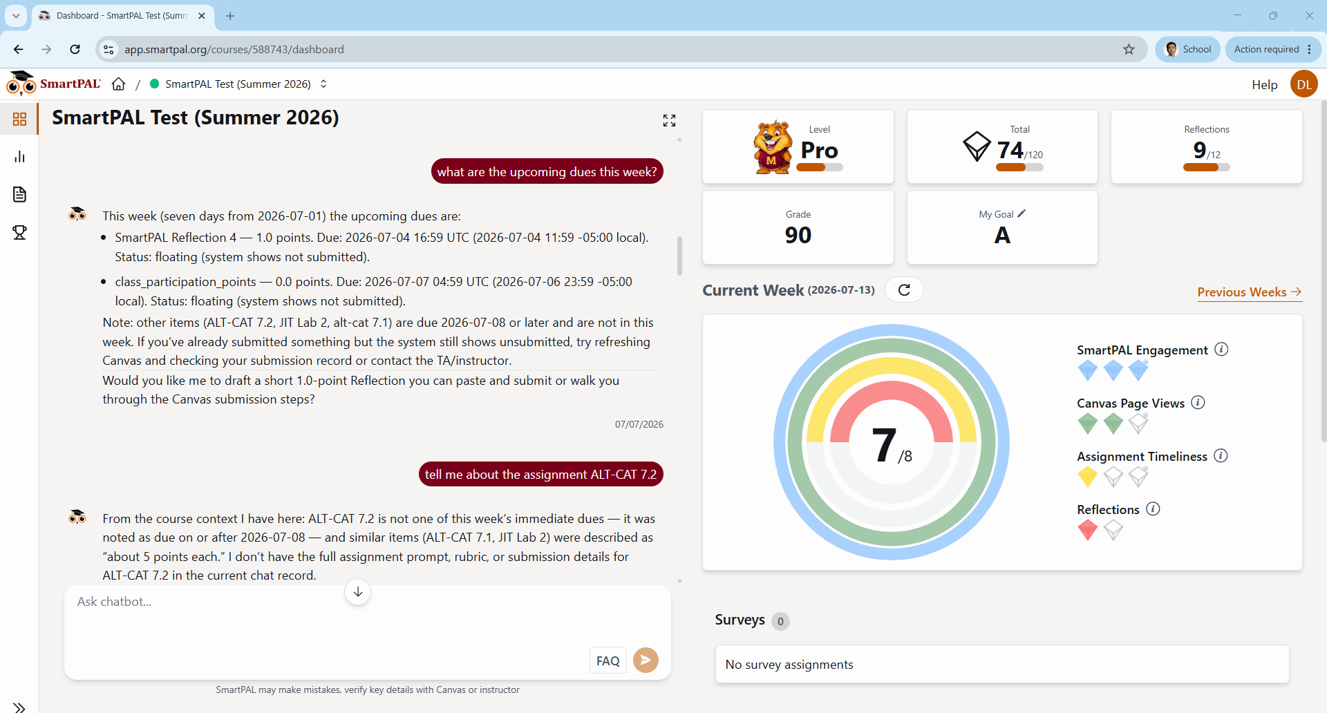 SmartPAL student dashboard with contextual chatbot