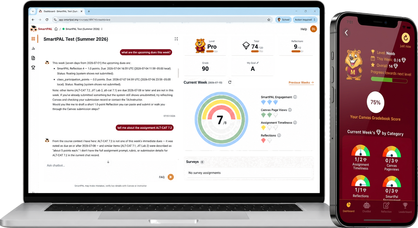 SmartPAL in Canvas on a laptop and on the mobile app
